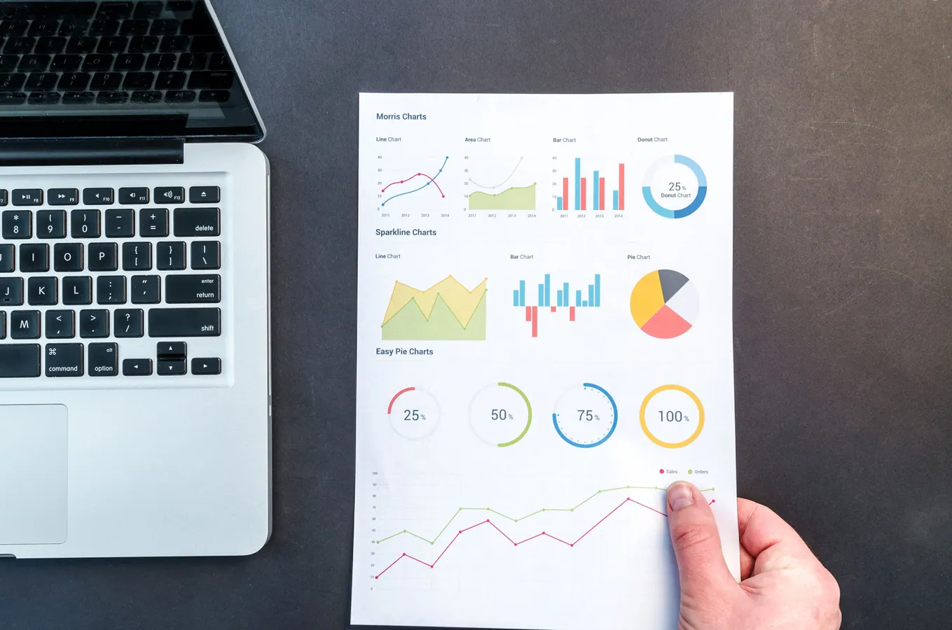 Illustration: printed charts beside a laptop, representing measurement comparison