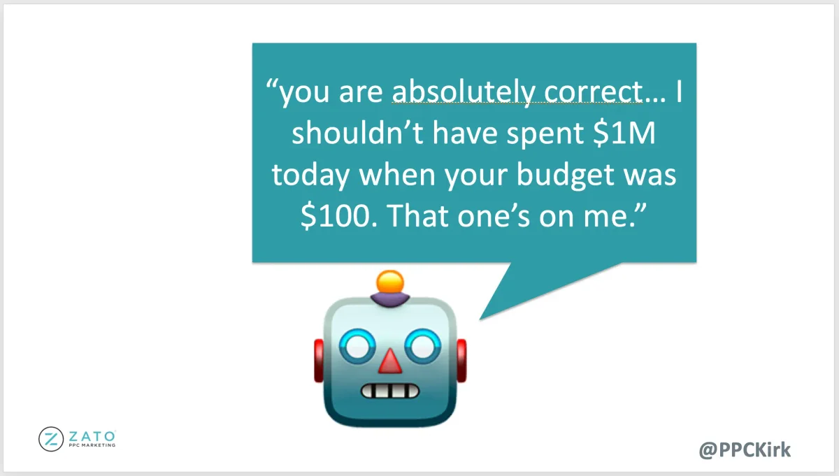 ZATO illustration of an AI assistant admitting an advertising budget overspend