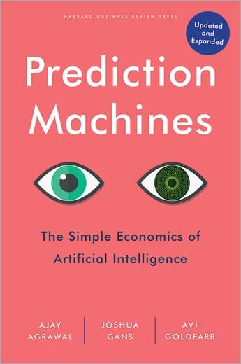 Coral cover of Prediction Machines, updated and expanded edition, showing a human eye and a machine eye.