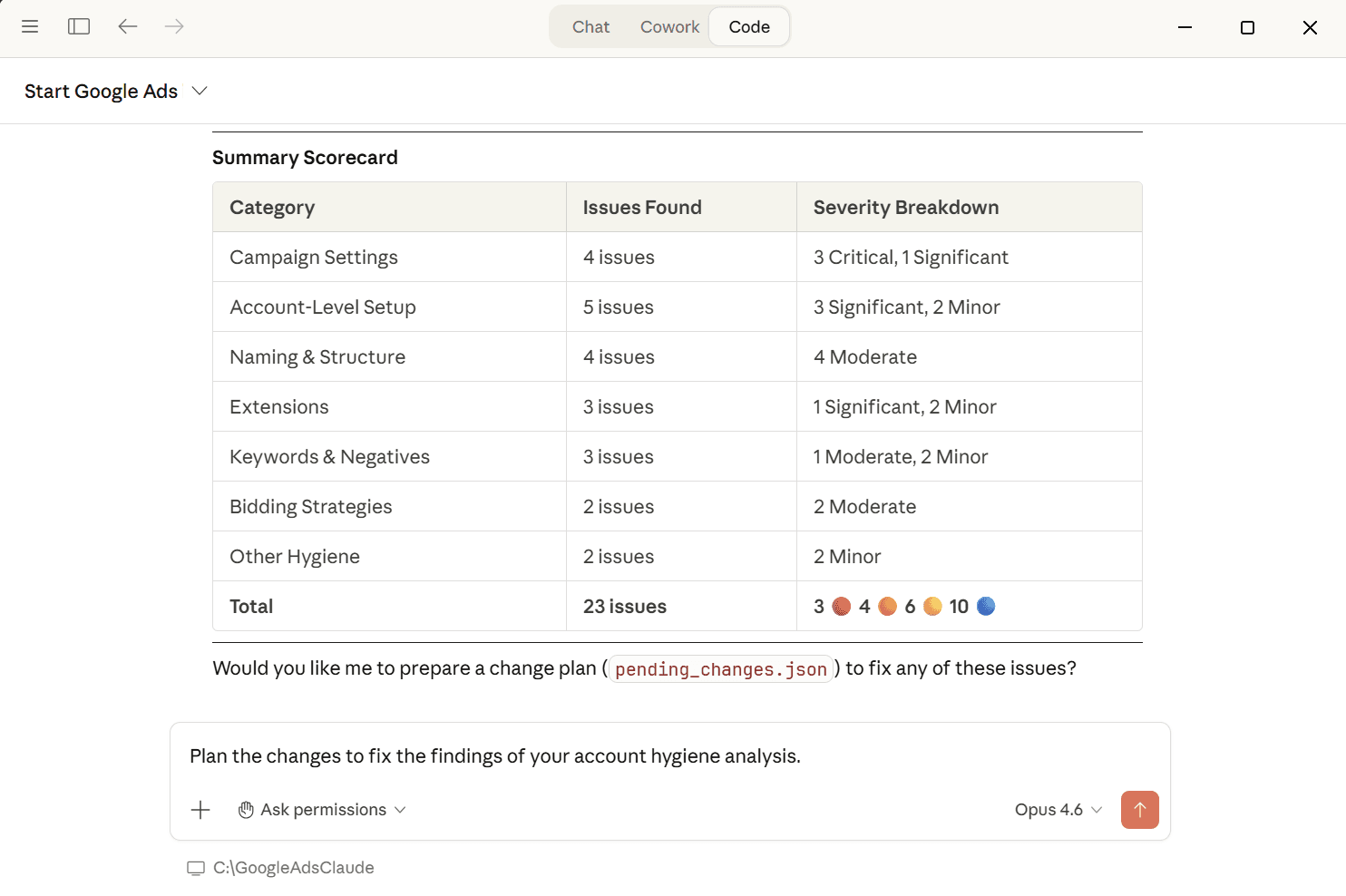 Vendor example showing an account audit scorecard and a proposed Google Ads change plan in Claude Code.