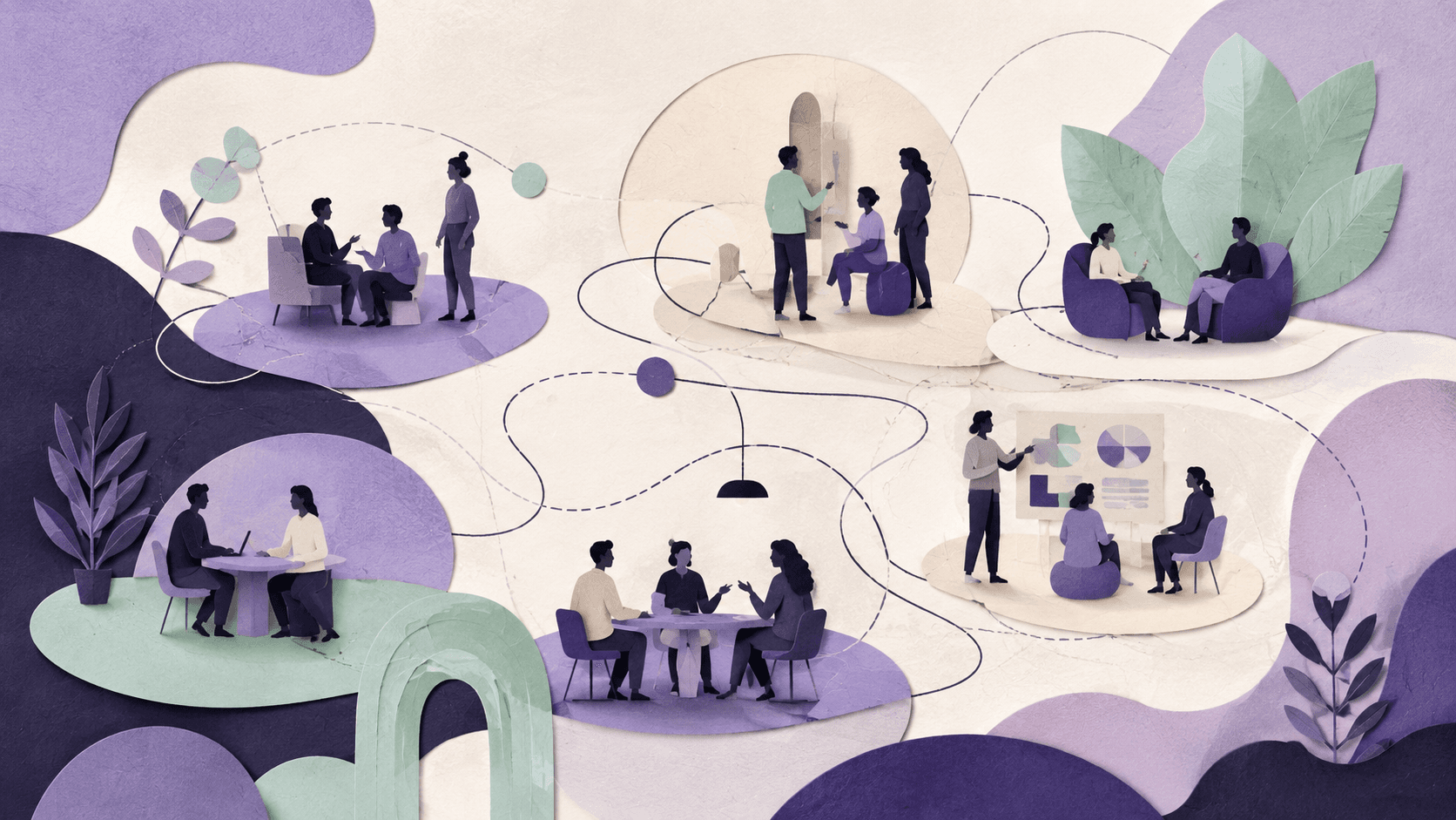 An original paper collage of people connecting and sharing ideas across a network