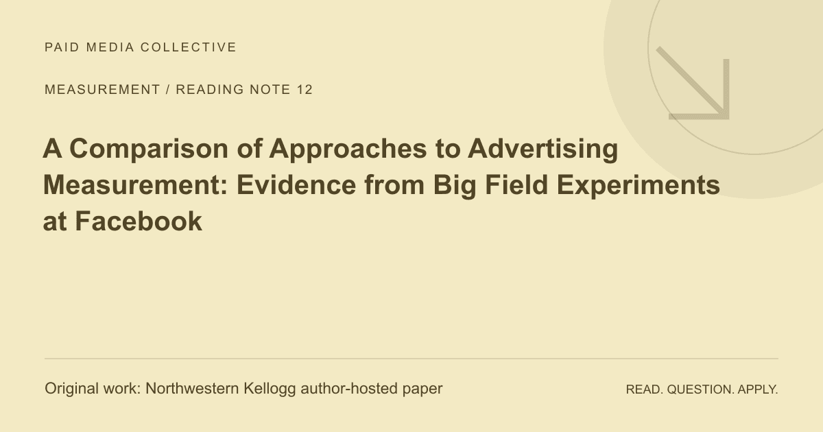 PMC reading note: A Comparison of Approaches to Advertising Measurement: Evidence from Big Field Experiments at Facebook. Original source: Northwestern Kellogg author-hosted paper.