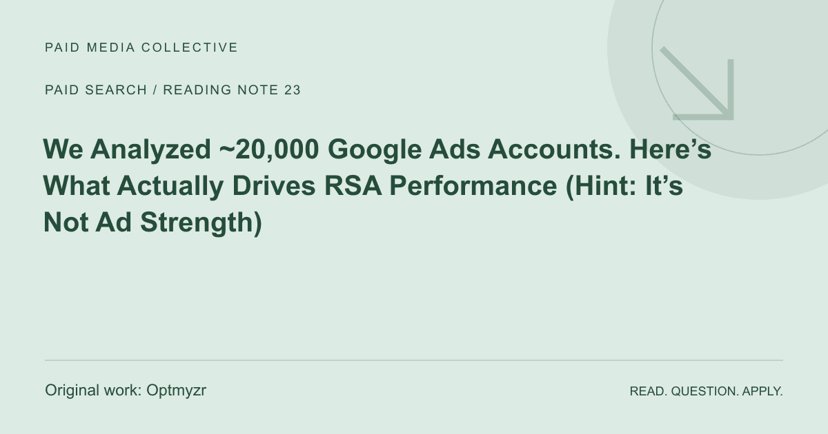 PMC reading note: We Analyzed ~20,000 Google Ads Accounts. Here’s What Actually Drives RSA Performance (Hint: It’s Not Ad Strength). Original source: Optmyzr.