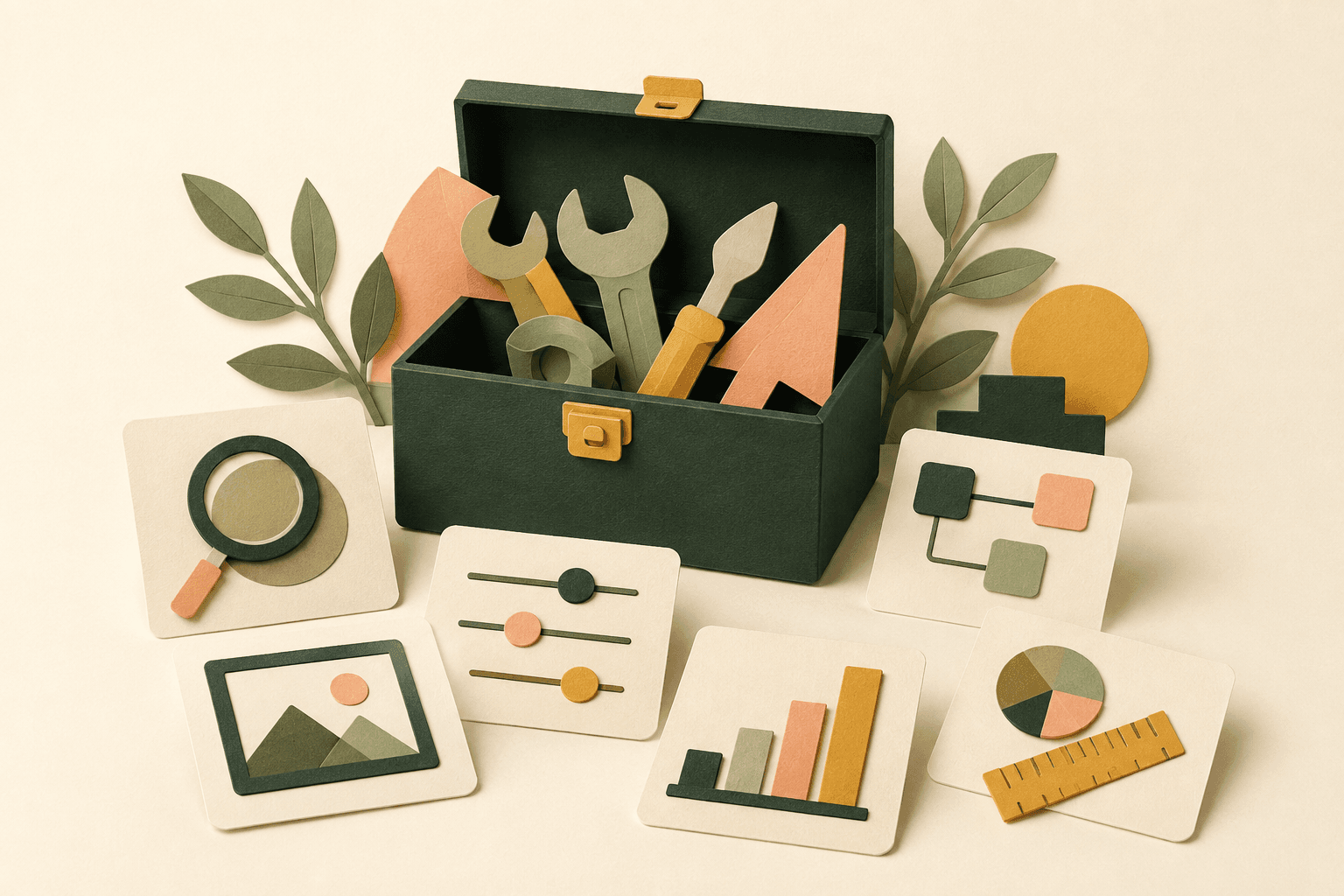 An open green toolbox surrounded by cards representing research, creative work, campaign controls and measurement.