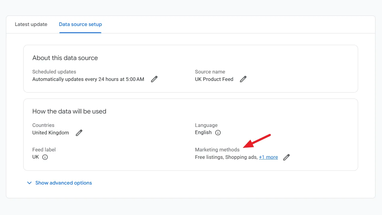 Original newsletter image: Google Merchant Centre renames "Destinations" to "Marketing methods"