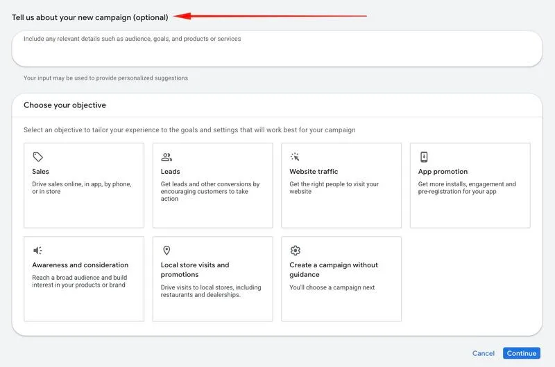 Original newsletter image: Google Ads campaign creation adds a natural language "tell us about your campaign" field
