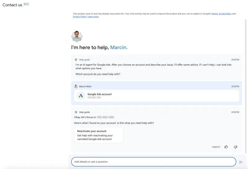 Original newsletter image: Google Ads replaces classic contact form with AI chatbot