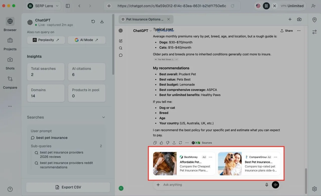 Original newsletter image: Feed-based product ads appear, and answers show multiple ads.