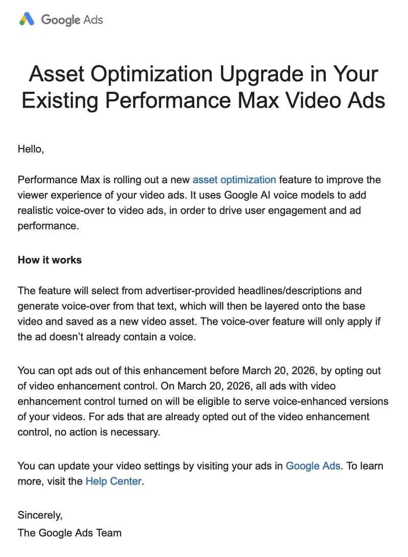 Original newsletter image: PMax AI voice-over opt-out deadline is March 20