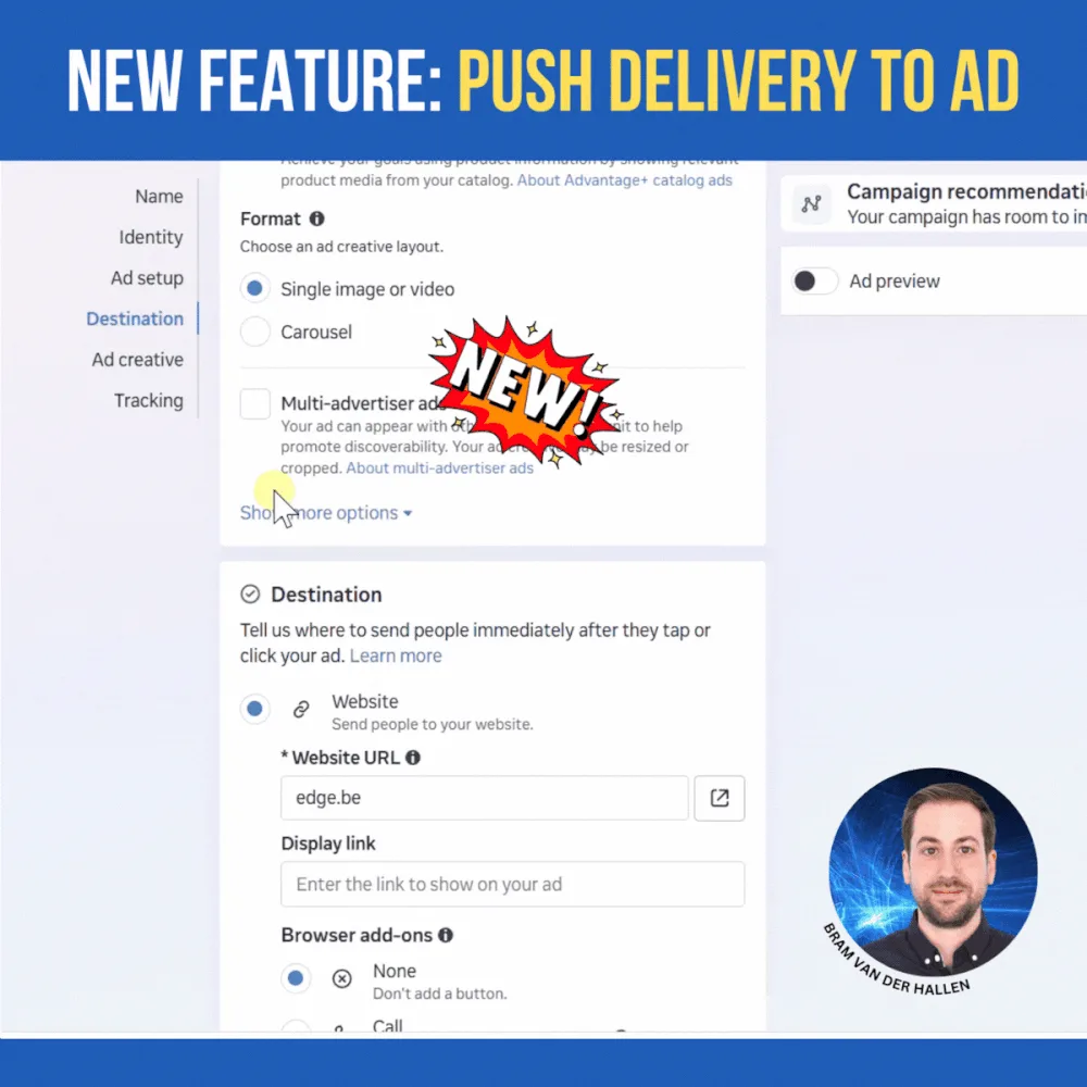 Original newsletter image: Meta rolls out "Push delivery to this ad" to more accounts