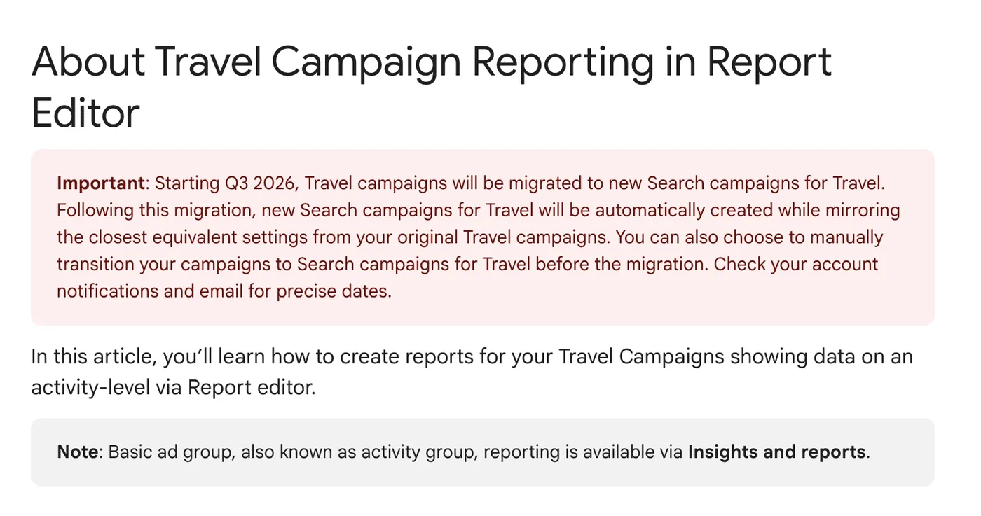 Original newsletter image: Travel campaigns migrate to Search campaigns for Travel in Q3
