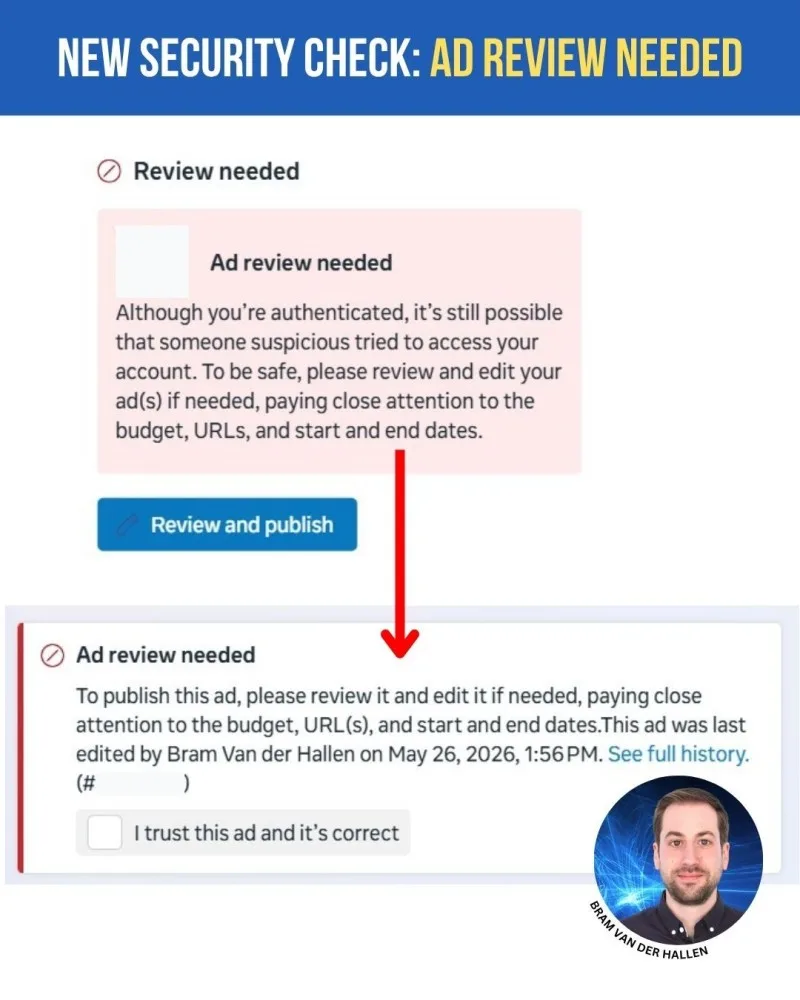 Original newsletter image: Meta adds a security re-authentication step that disables edited ads