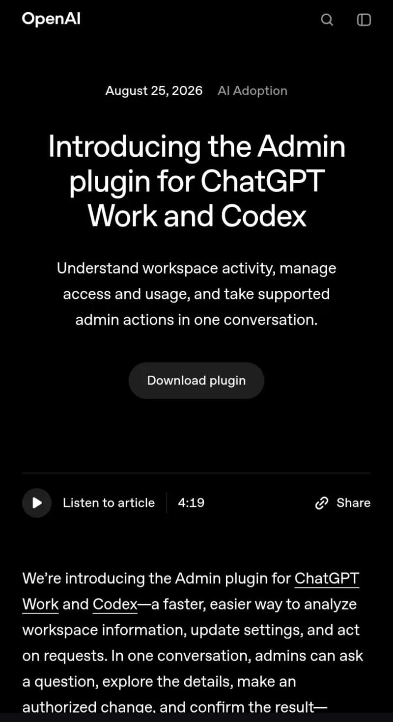 Original newsletter image: OpenAI launches a conversational Admin plugin for ChatGPT Work and Codex