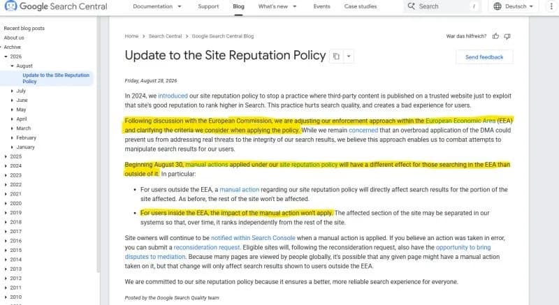 Original newsletter image: Google stops applying site-reputation manual actions inside the EEA