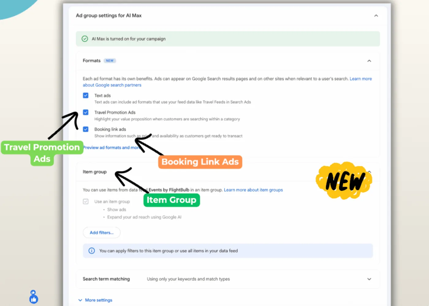 Original newsletter image: Search campaigns for Travel arrive with ad-group-level format toggles
