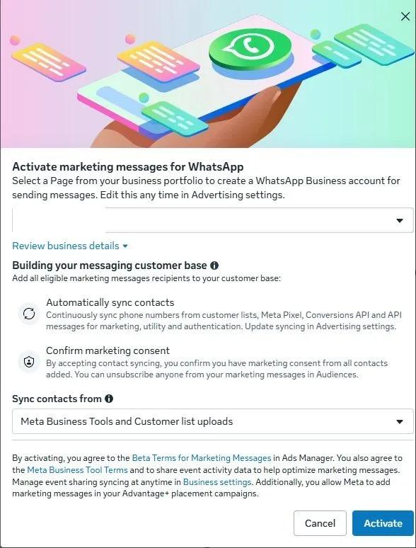 Original newsletter image: New WhatsApp placement appearing in the Meta Ads campaign setup