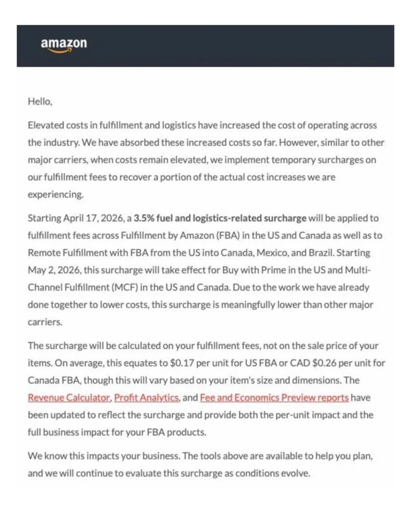 Original newsletter image: Amazon adds 3.5% fuel and logistics surcharge to FBA fees from April 17
