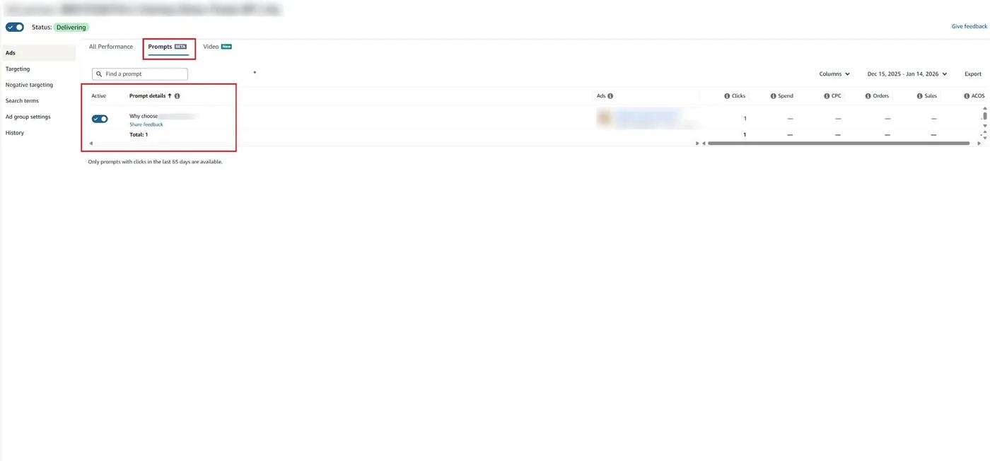 Original newsletter image: Amazon Prompts tab begins showing data at the ad group level