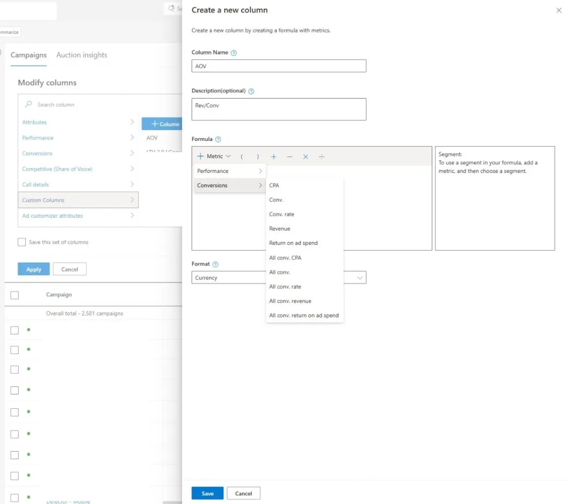 Original newsletter image: Microsoft custom columns now support all Microsoft Advertising conversion metrics