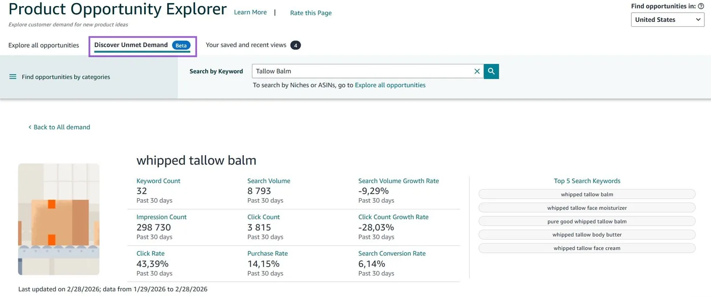 Original newsletter image: Amazon Discover Unmet Demand opens in Product Opportunity Explorer with caveats