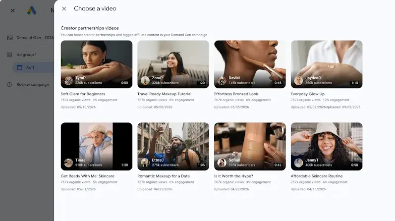 Original newsletter image: Creator videos appear directly in Google Ads asset picker