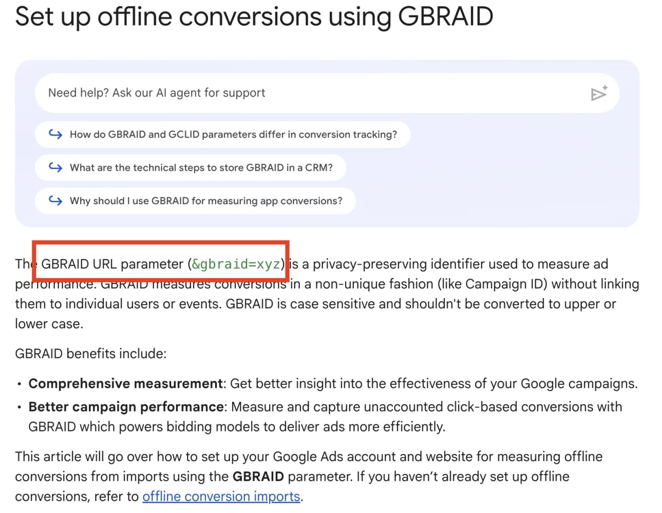 Original newsletter image: A help doc arrives for offline conversions with GBRAID