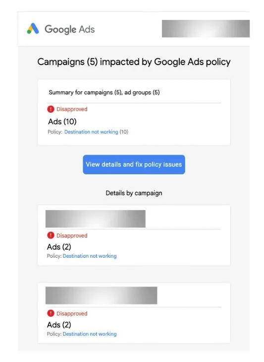 Original newsletter image: "Destination not working" false positive disapproval wave confirmed