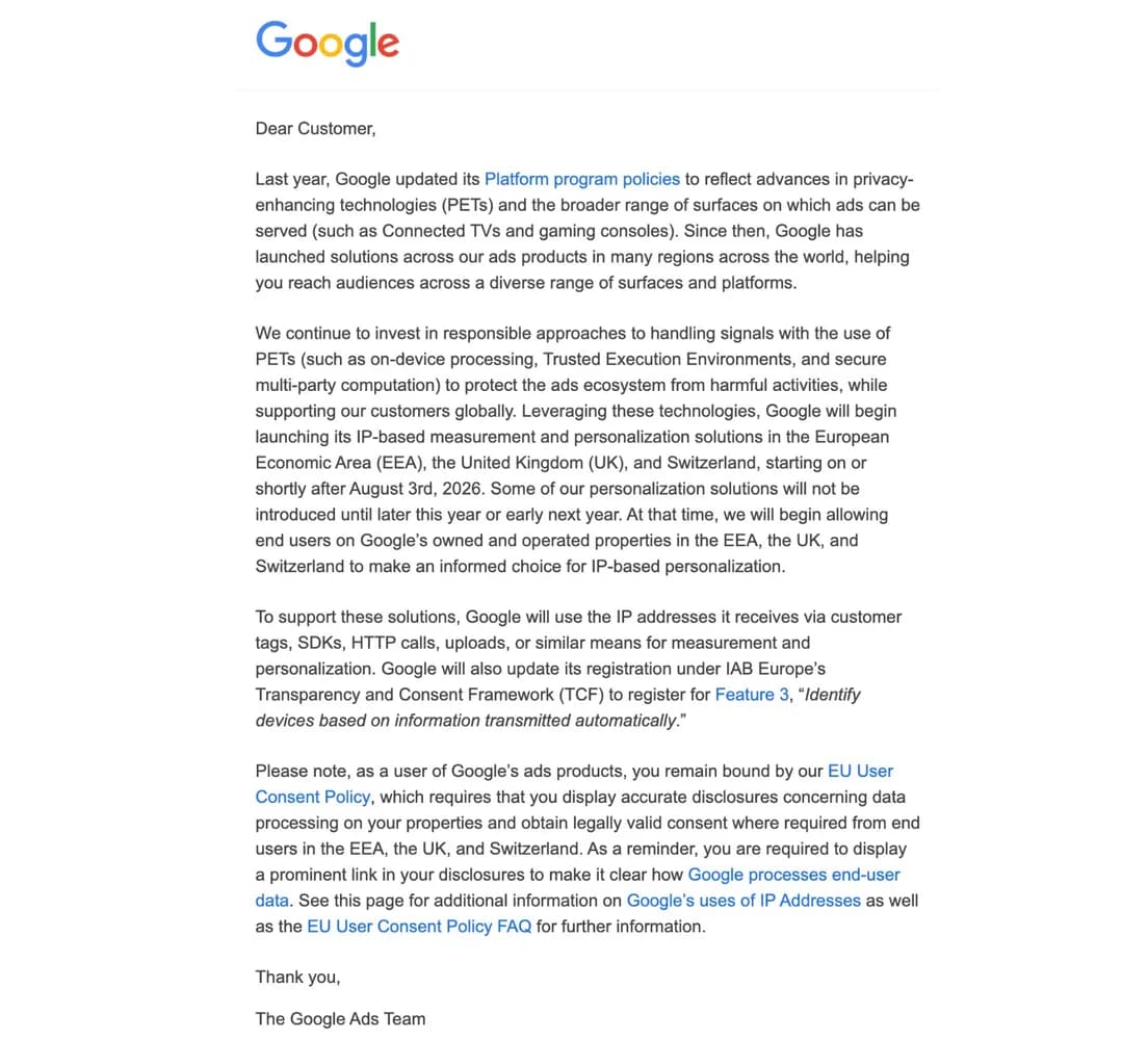 Original newsletter image: Google to use IP addresses for ad personalisation in the EEA and UK