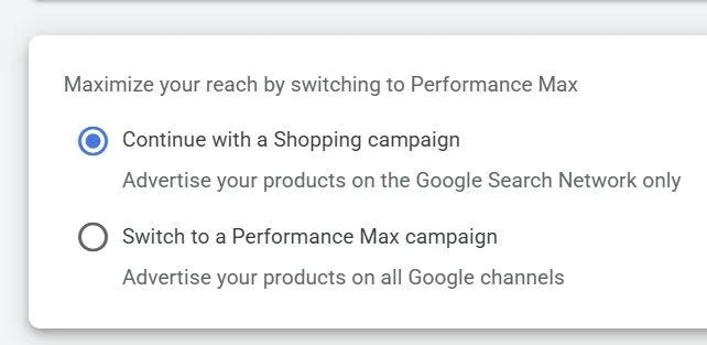 Original newsletter image: Google Ads no longer pre-selects Performance Max when creating Shopping campaigns