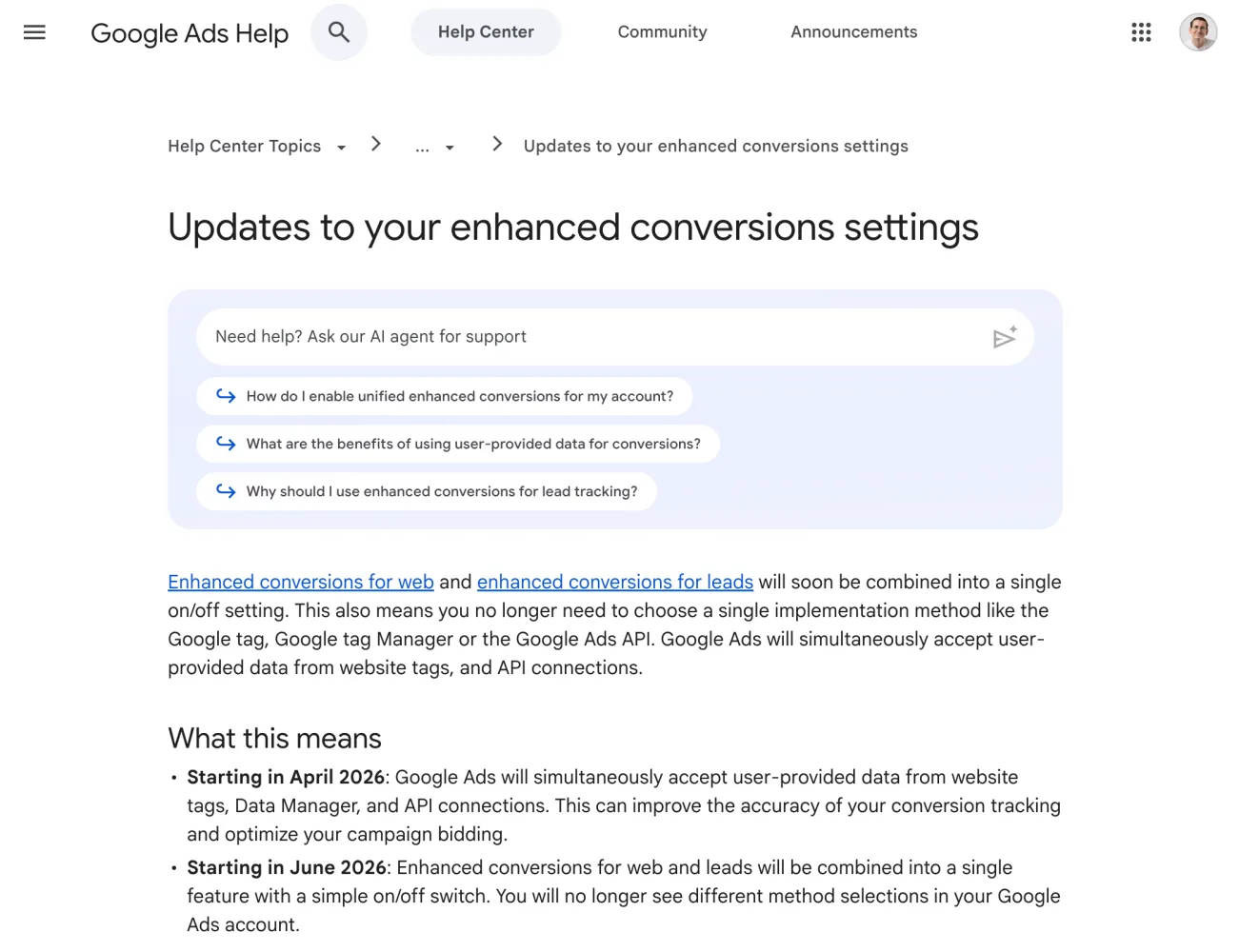 Original newsletter image: Enhanced conversions for web and leads to merge into a single on/off switch from June 2026