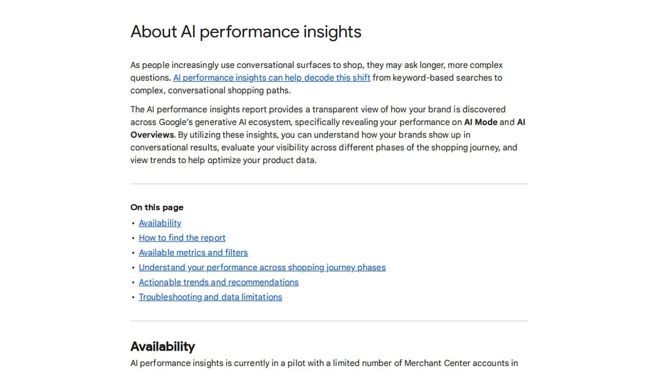 Original newsletter image: Merchant Centre rolls out an AI performance report.