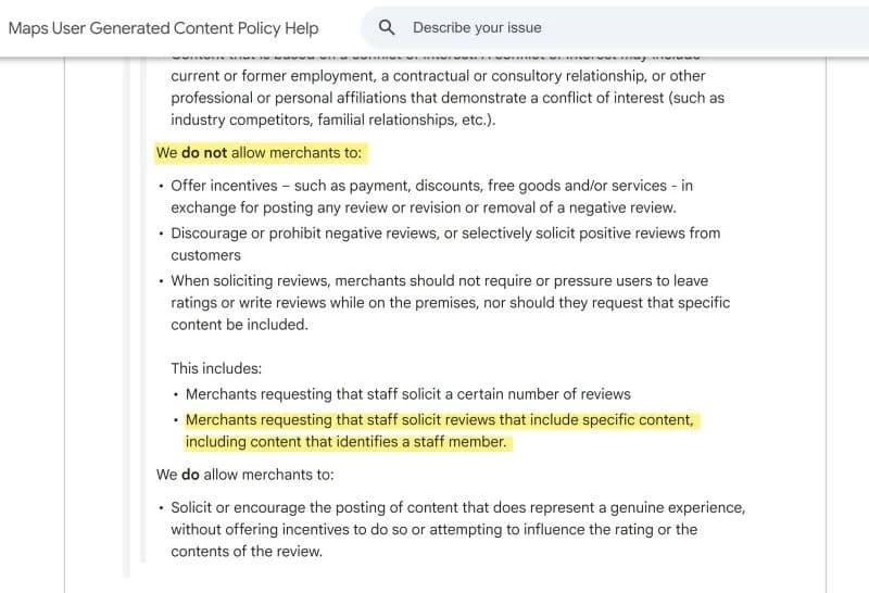 Original newsletter image: Google Business Profile bans staff review solicitation and name mentions