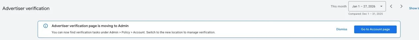 Original newsletter image: Google Ads renames the Advertiser Verification page to "Account"
