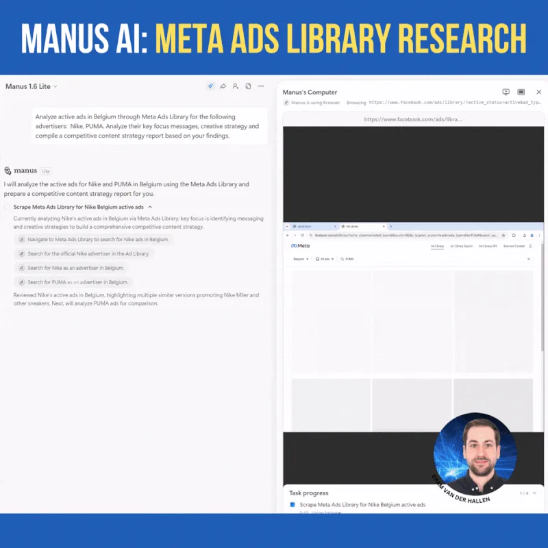 Original newsletter image: Manus AI enables competitive research via Meta Ad Library