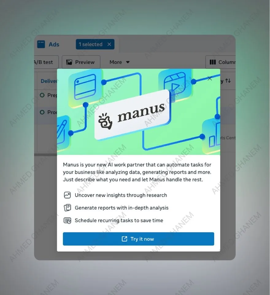 Original newsletter image: Manus AI tools integrate directly into Meta Ads Manager