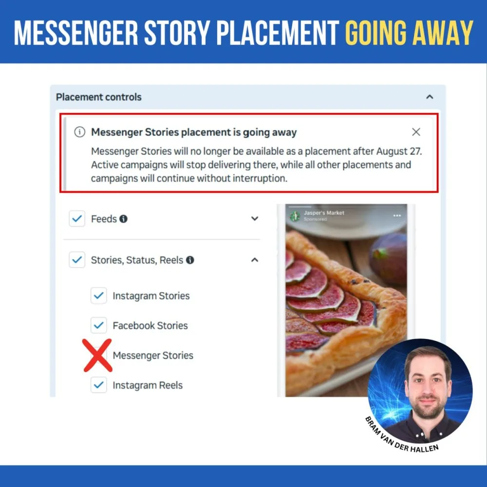 Original newsletter image: Meta removes the Messenger Stories placement from 27 August