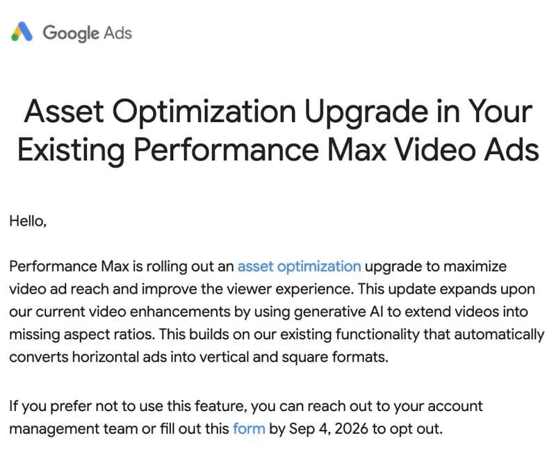 Original newsletter image: Performance Max can generate missing video aspect ratios