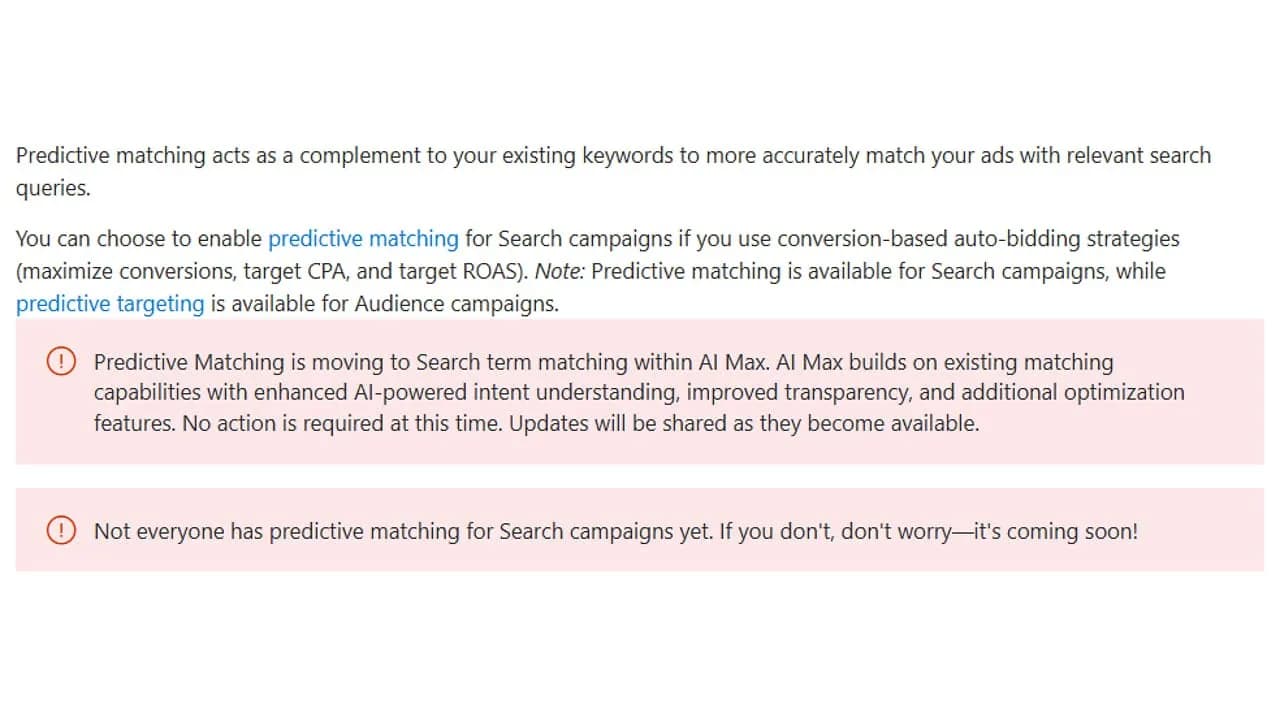 Original newsletter image: Predictive Matching transitions into AI Max search term matching