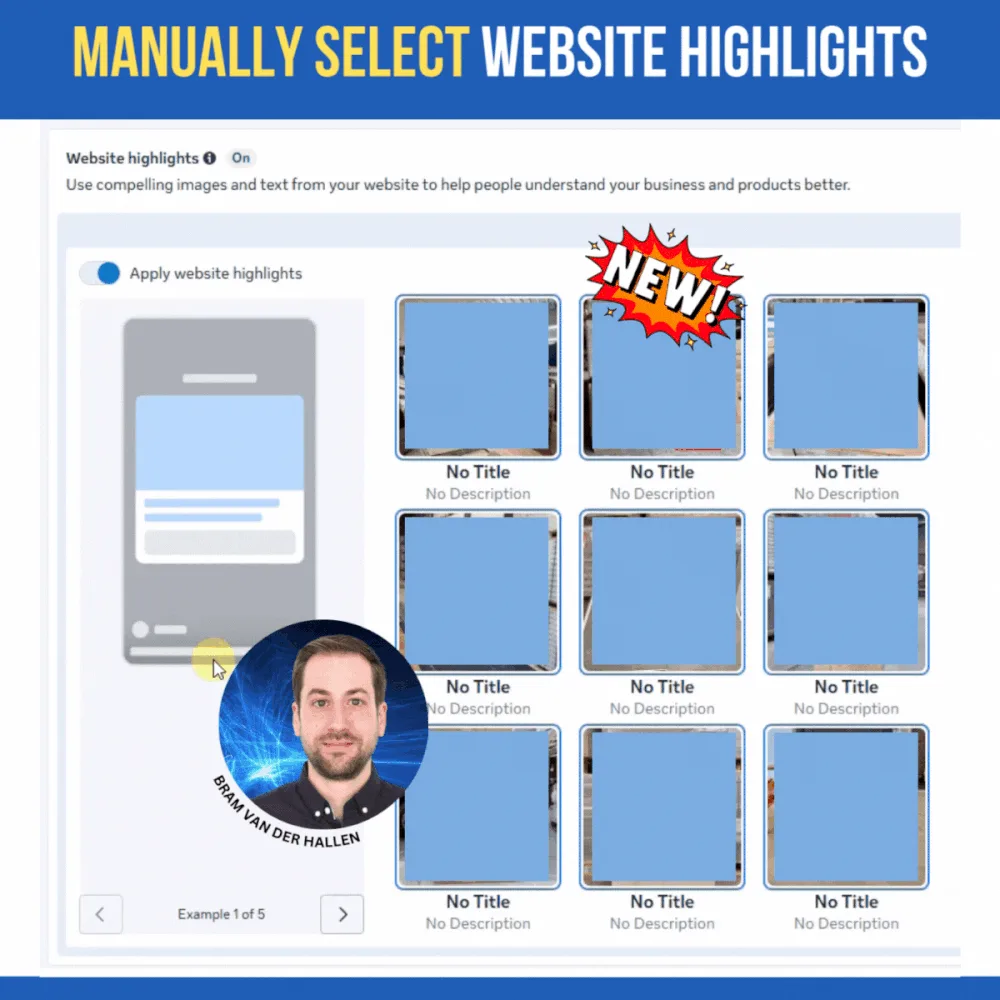 Original newsletter image: Meta Ads now allows manual selection of website highlights shown on ads