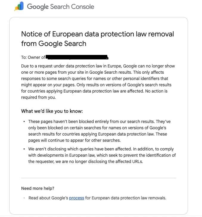 Original newsletter image: A right-to-be-forgotten delisting surfaces in Search Console