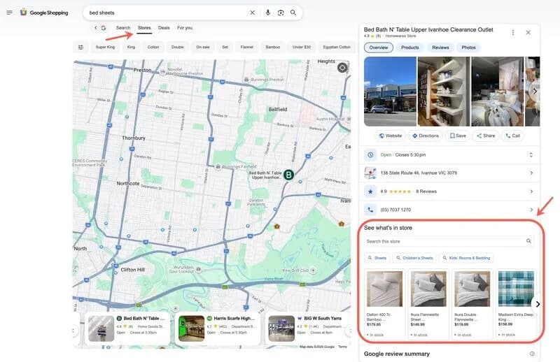 Original newsletter image: New Stores menu appears in the Google Shopping tab