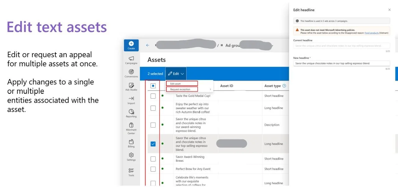 Original newsletter image: Bulk editing arrives for disapproved assets