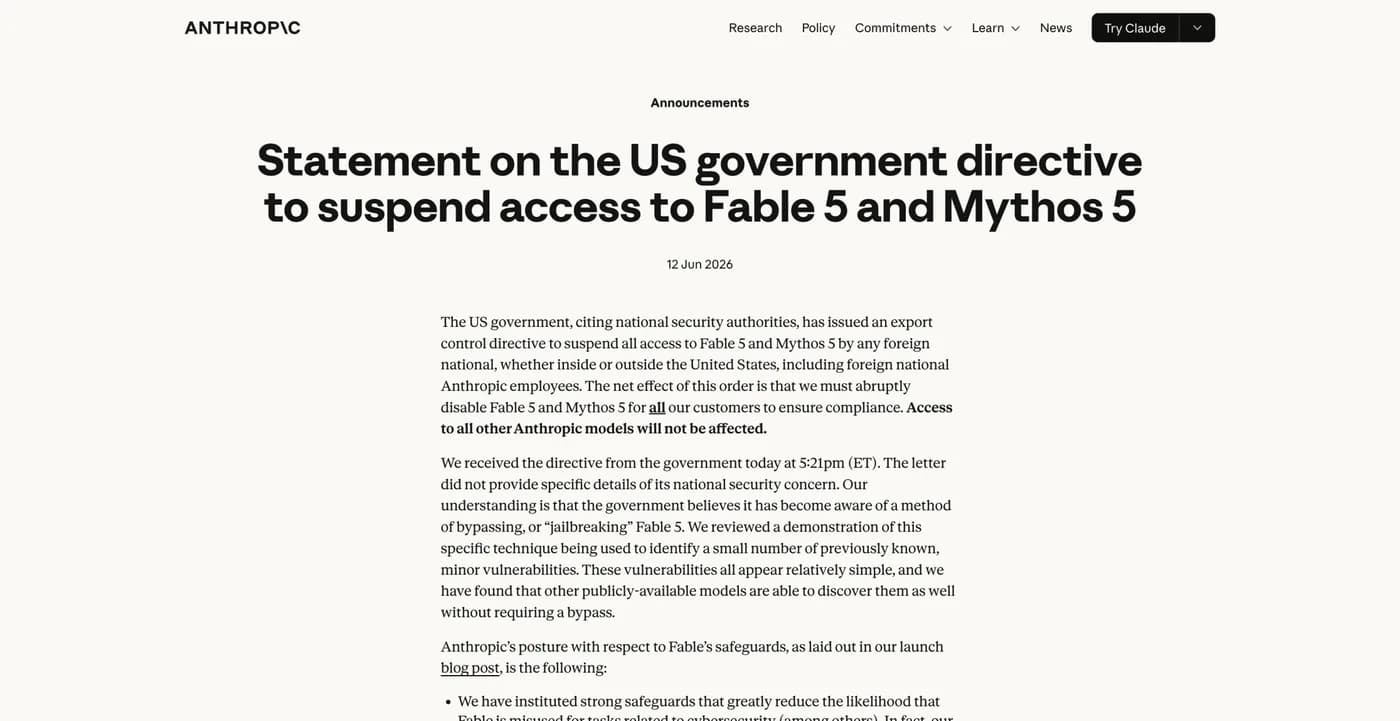 Original newsletter image: Anthropic discloses a US export-control directive affecting Fable 5 and Mythos 5