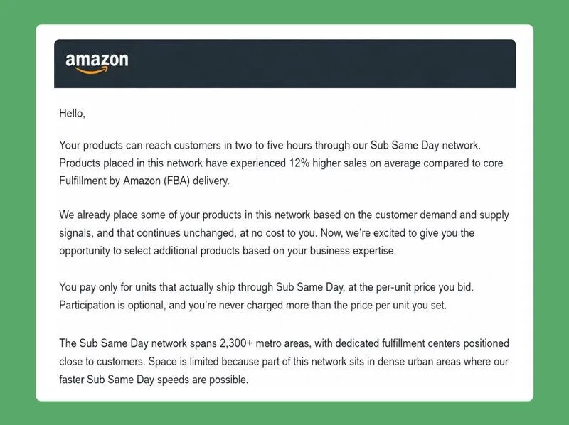 Original newsletter image: Sellers can bid for Sub Same Day warehouse capacity