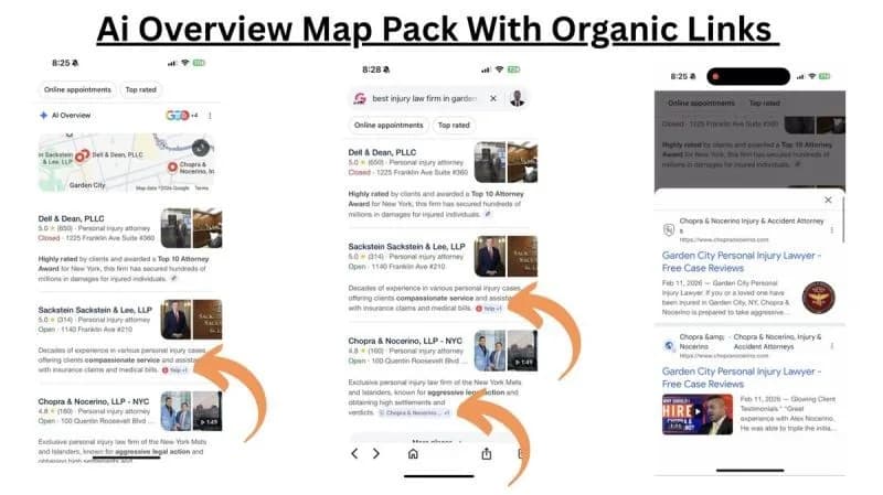Original newsletter image: AI Overview Map Pack merges organic links into business profiles