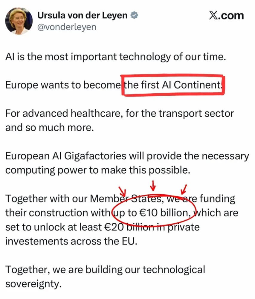 Original newsletter image: Europe pledges €10bn to become the "first AI Continent"