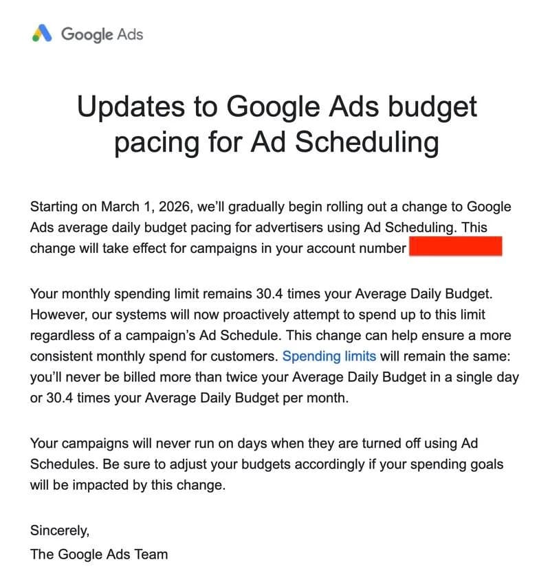 Original newsletter image: Google will spend your full monthly budget regardless of the ad schedule