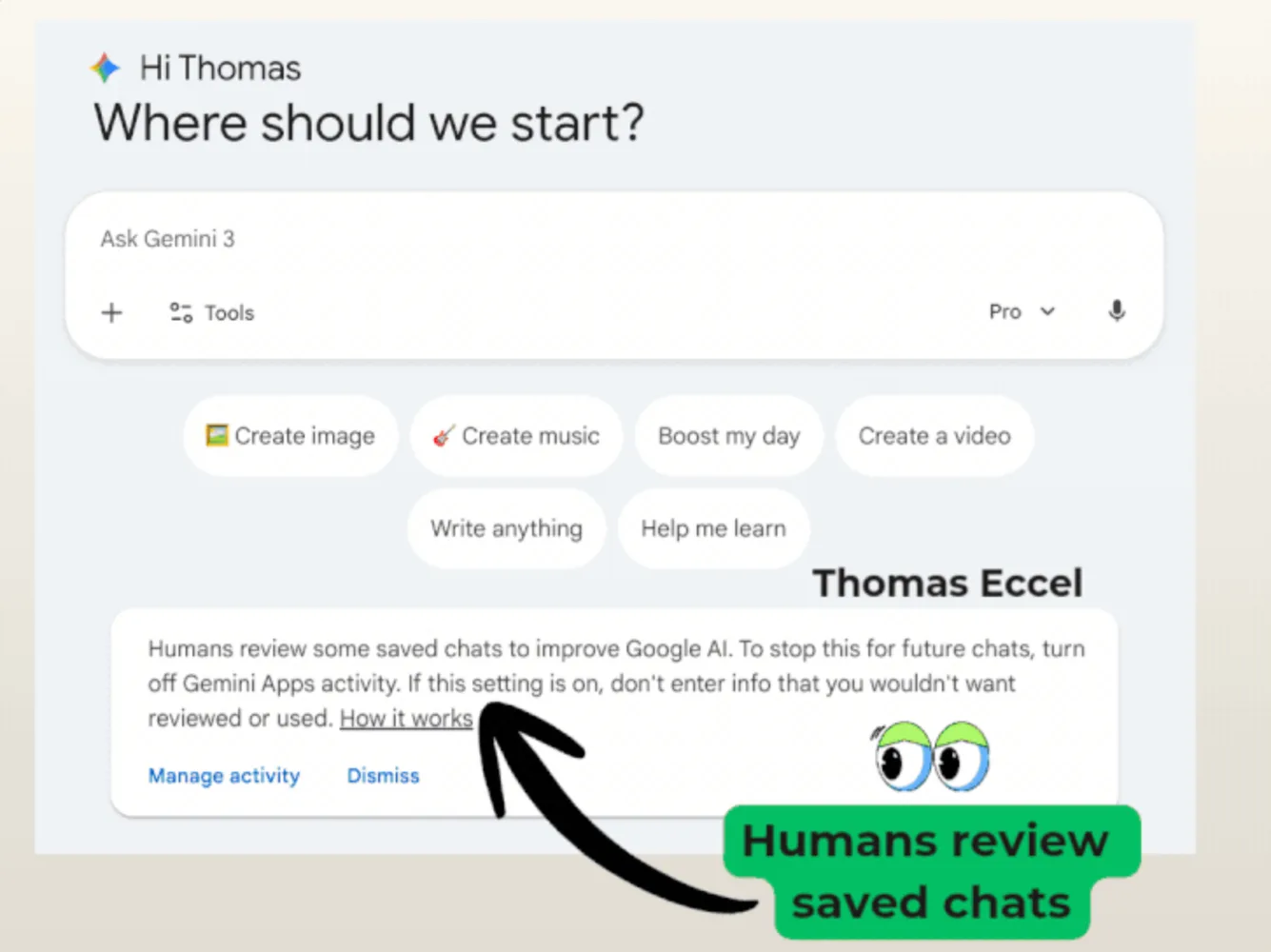 Original newsletter image: Gemini app discloses human review of some saved chats