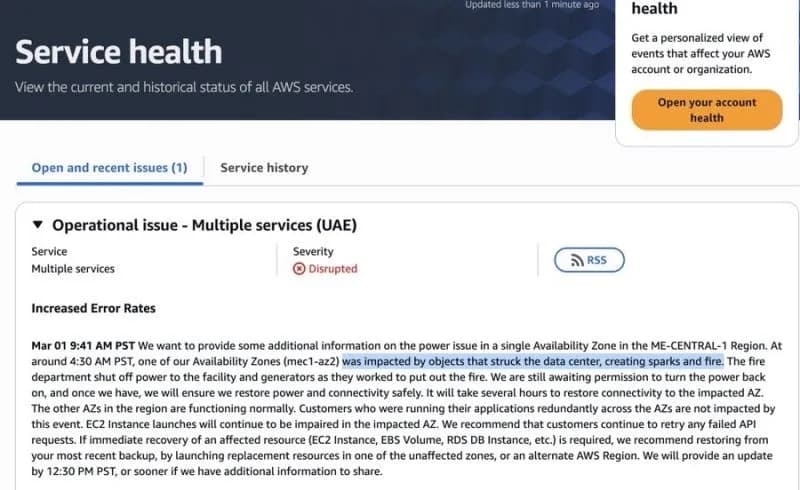 Original newsletter image: AWS UAE data centre hit amid Iran strikes, mec1-az2 offline