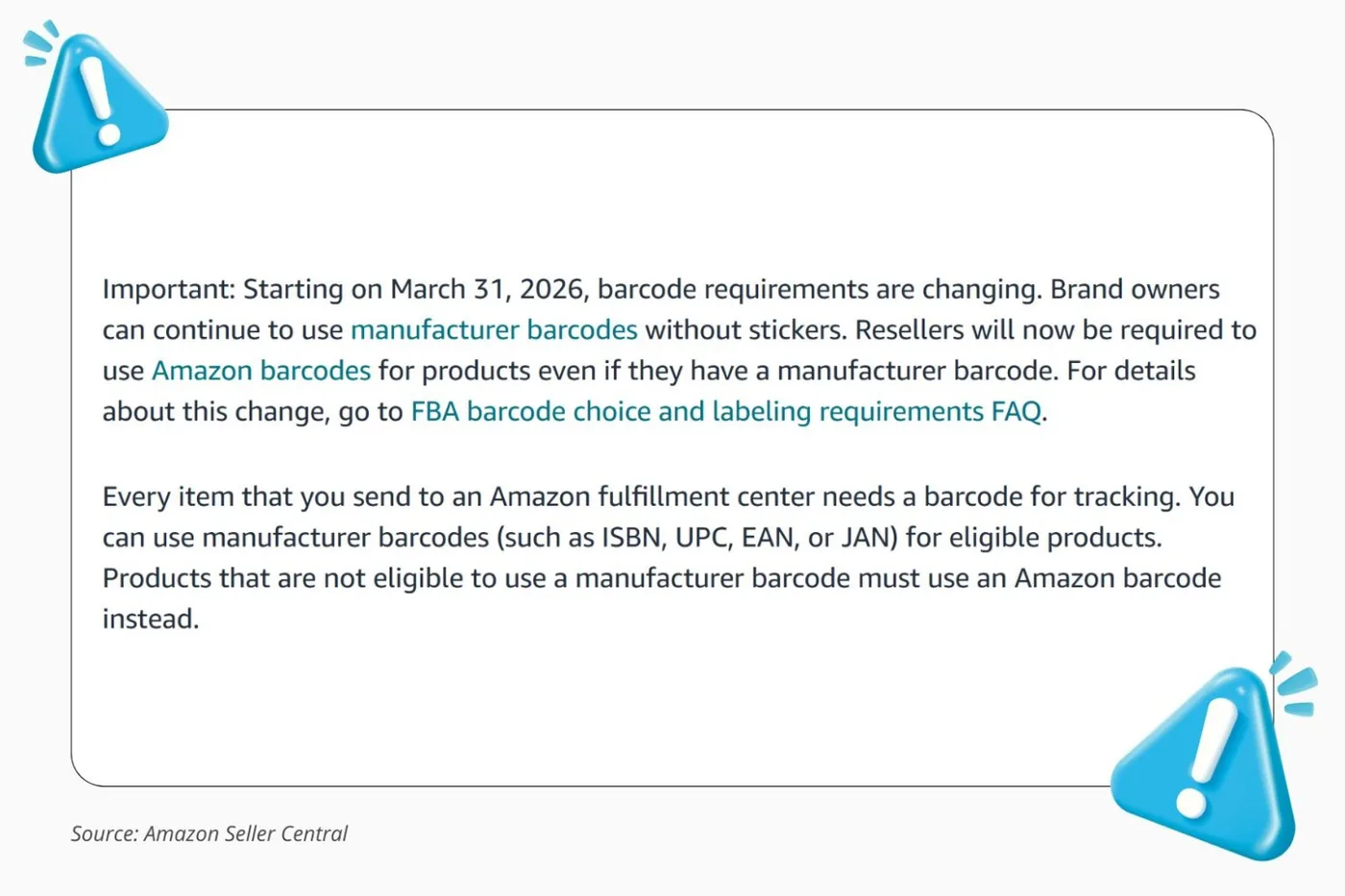 Original newsletter image: Amazon requires FNSKU barcodes for all non-Brand Registry FBA sellers from March 31